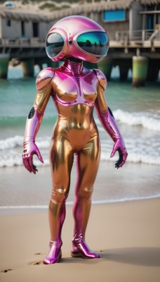 1girl,solo,breasts,medium breasts,standing,full body,armor,blurry,bodysuit,covered navel,blurry background,helmet,skin tight,science fiction,shiny clothes,open hands,pink bodysuit,spacesuit,space helmet,astronaut,beach,sand,latex