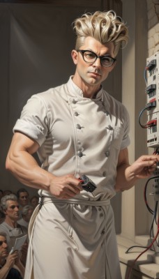 looking at viewer,blonde hair,shirt,1boy,hat,holding,closed mouth,standing,white shirt,short sleeves,male focus,parted lips,multiple boys,glasses,solo focus,indoors,lips,muscular,buttons,sunglasses,muscular male,clenched hand,science fiction,6+boys,veins,black-framed eyewear,4boys,realistic,nose,round eyewear,nurse,cable,manly,cyborg,chef,short hair,belt,facial hair,3boys,serious