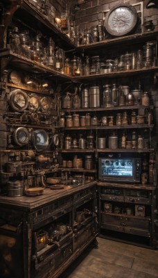 indoors,cup,book,no humans,bottle,scenery,drinking glass,wooden floor,clock,bookshelf,stool,shelf,gears,jar,bar (place),counter,barrel,loaded interior,fantasy,brick wall,cabinet,stove