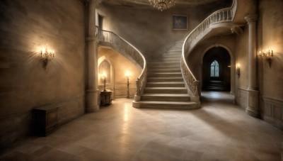 HQ,indoors,no humans,window,sunlight,fire,scenery,stairs,door,light,candle,pillar,statue,hallway,torch,church,arch,candlestand,chandelier,light rays,tiles,tile floor,column