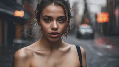 1girl,solo,long hair,looking at viewer,brown hair,black hair,bare shoulders,brown eyes,closed mouth,collarbone,upper body,outdoors,blurry,lips,makeup,floating hair,depth of field,blurry background,ground vehicle,wind,motor vehicle,freckles,rain,realistic,red lips,car,road,street,short hair,jewelry,earrings,parted lips,teeth,lipstick,portrait,forehead,eyeshadow