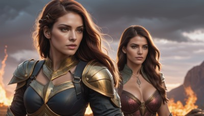 long hair,breasts,multiple girls,large breasts,brown hair,hair ornament,2girls,cleavage,brown eyes,jewelry,medium breasts,upper body,outdoors,sky,cloud,necklace,armor,blurry,lips,looking to the side,blurry background,cloudy sky,fire,shoulder armor,pauldrons,mountain,realistic,nose,looking at viewer,closed mouth,parted lips,sunlight,forehead,pendant,serious,breastplate