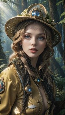 1girl,solo,long hair,breasts,looking at viewer,blue eyes,blonde hair,long sleeves,hat,cleavage,jewelry,jacket,upper body,earrings,small breasts,outdoors,parted lips,open clothes,teeth,day,artist name,necklace,blurry,tree,lips,eyelashes,makeup,depth of field,blurry background,leaf,wavy hair,sunlight,looking up,plant,brooch,gem,nature,forest,freckles,curly hair,sun hat,light rays,realistic,nose,red lips,badge,dappled sunlight,bangs,braid,mascara,multiple braids