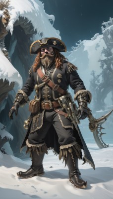 solo,long hair,brown hair,gloves,1boy,hat,holding,jewelry,standing,full body,weapon,male focus,boots,outdoors,solo focus,black gloves,belt,pants,sword,black footwear,holding weapon,coat,gun,fur trim,black headwear,mask,facial hair,black pants,knife,sheath,beard,snow,skull,pouch,snowing,dagger,axe,pirate hat,gas mask,pirate,tricorne,long sleeves,jacket,black jacket,goggles,holding gun,1other,bow (weapon),arrow (projectile)