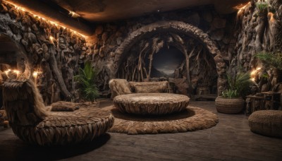 sky,indoors,tree,no humans,night,chair,table,plant,scenery,monster,wooden floor,fantasy,dragon,potted plant,cave,star (sky)