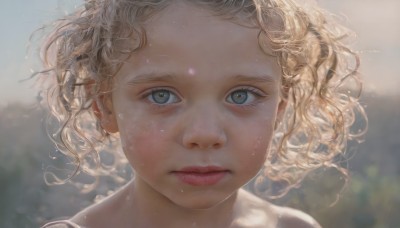 1girl,solo,looking at viewer,short hair,blue eyes,blonde hair,closed mouth,outdoors,blurry,lips,grey eyes,depth of field,blurry background,wavy hair,expressionless,messy hair,portrait,close-up,freckles,curly hair,realistic,nose,eyelashes,floating hair,sunlight,wind