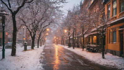 outdoors, sky, tree, no humans, window, ground vehicle, building, scenery, motor vehicle, snow, reflection, snowing, sign, car, road, winter, lamppost, bare tree, street