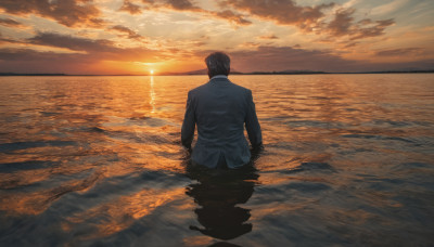 solo, black hair, long sleeves, 1boy, male focus, outdoors, sky, cloud, water, from behind, ocean, formal, suit, scenery, wading, reflection, sunset, horizon, facing away