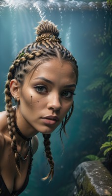 1girl,solo,long hair,breasts,looking at viewer,brown hair,hair ornament,cleavage,bare shoulders,jewelry,medium breasts,green eyes,upper body,braid,earrings,parted lips,teeth,choker,dark skin,water,necklace,mole,twin braids,dark-skinned female,lips,wet,grey eyes,eyelashes,piercing,portrait,forehead,freckles,realistic,nose,waterfall,blue eyes,blonde hair,dress,facial mark,sunlight,ear piercing,facepaint,dreadlocks