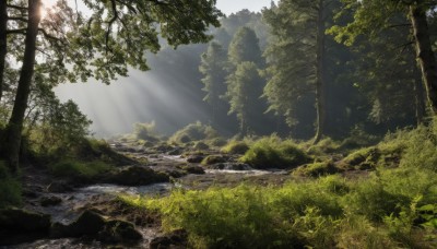 outdoors,sky,day,cloud,water,tree,no humans,sunlight,grass,nature,scenery,forest,light rays,rock,sunbeam,river,landscape,moss,stream,bush