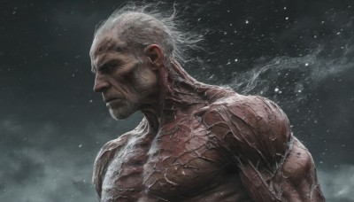 solo,short hair,1boy,closed mouth,upper body,white hair,male focus,from side,muscular,facial hair,scar,muscular male,beard,scar on face,smoke,veins,topless male,snowing,realistic,manly,old,old man,wrinkled skin,grey hair,armor,profile