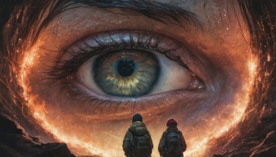 1girl,looking at viewer,short hair,blue eyes,brown hair,black hair,1boy,green eyes,standing,jacket,male focus,multiple boys,hood,2boys,bag,from behind,eyelashes,backpack,fire,slit pupils,close-up,reflection,giant,ambiguous gender,eye focus,yellow eyes,scenery