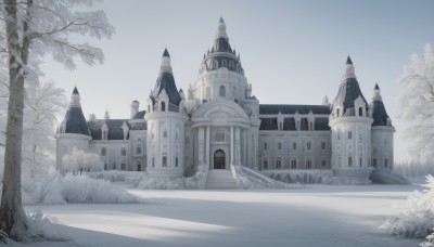 outdoors,sky,day,tree,blue sky,no humans,window,building,scenery,snow,winter,bridge,bare tree,castle,tower,church,signature,grass,fantasy,road,architecture,fog,path