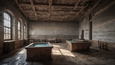 day,indoors,water,no humans,window,chair,table,sunlight,scenery,light rays,stairs,tiles,sunbeam,tile floor,stool,pillar,shadow,chain,fire,candle,wall,candlestand,fireplace