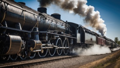 weapon,outdoors,multiple boys,sky,day,cloud,tree,blue sky,gun,military,no humans,ground vehicle,scenery,motor vehicle,smoke,aircraft,cannon,military vehicle,tank,vehicle focus,machine gun,caterpillar tracks,world war ii,railroad tracks,grass,airplane