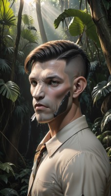 solo,looking at viewer,short hair,brown hair,shirt,black hair,1boy,green eyes,white shirt,upper body,male focus,outdoors,necktie,collared shirt,tree,lips,facial hair,leaf,sunlight,plant,nature,forest,pocket,cigarette,light rays,realistic,nose,stubble,breast pocket,sunbeam,closed mouth,artist name,expressionless,android,undercut,brown necktie