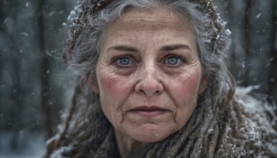 1girl,solo,long hair,looking at viewer,blue eyes,closed mouth,white hair,grey hair,outdoors,blurry,lips,grey eyes,depth of field,blurry background,portrait,snow,close-up,snowing,realistic,old,winter,old woman,freckles,wrinkled skin