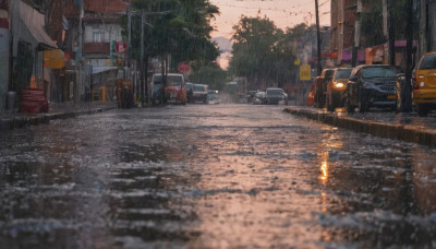 outdoors, sky, cloud, tree, no humans, bird, ground vehicle, building, scenery, motor vehicle, reflection, rain, city, sign, car, road, power lines, lamppost, street, utility pole, road sign, puddle, crosswalk