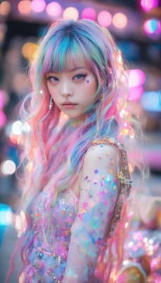 1girl,solo,long hair,breasts,looking at viewer,bangs,blue eyes,dress,jewelry,closed mouth,blue hair,upper body,pink hair,multicolored hair,earrings,artist name,blunt bangs,star (symbol),blurry,from side,two-tone hair,lips,looking to the side,eyelashes,aqua hair,gradient hair,makeup,depth of field,blurry background,wavy hair,lipstick,eyeshadow,pink lips,realistic,nose,bokeh,colorful,mascara,bare shoulders,small breasts,necklace,streaked hair,watermark,facial mark,piercing,gem,web address,lens flare