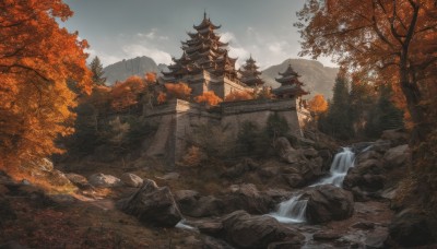 outdoors,sky,day,cloud,water,tree,blue sky,no humans,leaf,cloudy sky,building,nature,scenery,forest,rock,mountain,autumn leaves,maple leaf,architecture,bridge,east asian architecture,river,autumn,waterfall,pagoda