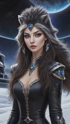 1girl,solo,long hair,breasts,looking at viewer,brown hair,animal ears,cleavage,brown eyes,jewelry,medium breasts,upper body,earrings,sky,armor,black dress,lips,grey eyes,makeup,lipstick,shoulder armor,gem,star (sky),starry sky,realistic,nose,red lips,space,planet,earth (planet),black hair,dress,outdoors,artist name,signature,necklace,night,moon,thick eyebrows,night sky,eyeshadow,headpiece