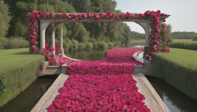 1girl,solo,long hair,brown hair,dress,flower,outdoors,sky,day,water,white dress,tree,grass,plant,nature,scenery,pink flower,reflection,bush,wide shot,bridge,lying,blue sky,no humans,rose,red flower,red rose,river,lake,arch,garden