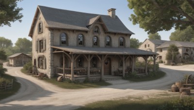 outdoors,sky,day,tree,blue sky,no humans,window,shadow,chair,table,grass,plant,building,scenery,stairs,fence,door,road,bench,bush,house,path,barrel,chimney,cloud,shade,architecture,church,arch