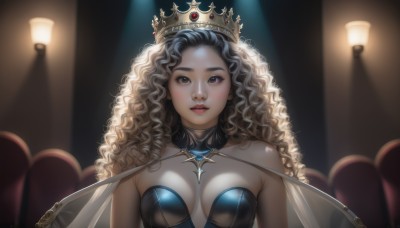 1girl,solo,long hair,breasts,looking at viewer,blonde hair,brown hair,dress,cleavage,bare shoulders,brown eyes,jewelry,medium breasts,upper body,parted lips,blurry,lips,makeup,blurry background,wavy hair,crown,curly hair,realistic,nose,red lips,light,straight-on,backlighting