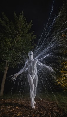 solo,looking at viewer,1boy,full body,male focus,nude,outdoors,wings,barefoot,tree,colored skin,leaf,outstretched arms,nature,claws,forest,walking,grey skin,horror (theme),standing,no humans,night,skull,monster,dark