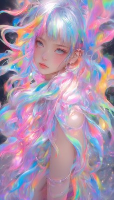 1girl,solo,long hair,looking at viewer,bangs,blue eyes,jewelry,closed mouth,blue hair,upper body,pink hair,white hair,multicolored hair,earrings,lips,grey eyes,makeup,piercing,armlet,freckles,colorful,blush,dress,bare shoulders,shiny,from side,streaked hair,eyelashes,sparkle,expressionless,ear piercing,light particles,rainbow hair