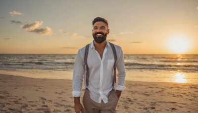 solo,looking at viewer,smile,short hair,shirt,black hair,long sleeves,1boy,jewelry,standing,white shirt,male focus,cowboy shot,earrings,outdoors,sky,collared shirt,pants,cloud,dark skin,water,dress shirt,buttons,facial hair,ocean,beach,dark-skinned male,suspenders,beard,sleeves rolled up,sunset,hand in pocket,mustache,sand,sun,horizon,brown pants,undercut,very dark skin,shore,chest hair,photo background