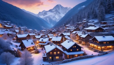 outdoors,sky,cloud,tree,no humans,window,building,nature,scenery,snow,forest,sunset,mountain,road,architecture,house,winter,bare tree,landscape,mountainous horizon,town,pine tree,water,watercraft,east asian architecture,river,lake