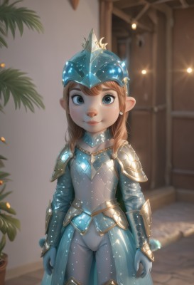 1girl,solo,long hair,looking at viewer,smile,blue eyes,blonde hair,brown hair,gloves,jewelry,closed mouth,standing,earrings,pointy ears,indoors,medium hair,armor,blurry,flat chest,see-through,bodysuit,blurry background,cameltoe,crown,shoulder armor,child,freckles,pauldrons,breastplate,arms at sides,blue gloves,female child,plate armor,lips,helmet,plant