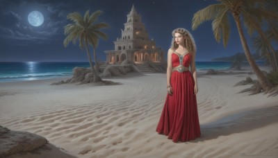 1girl,solo,long hair,breasts,blonde hair,brown hair,dress,cleavage,bare shoulders,jewelry,medium breasts,standing,closed eyes,earrings,outdoors,sky,artist name,cloud,water,bracelet,tree,strapless,makeup,night,ocean,watermark,beach,moon,red dress,lipstick,star (sky),night sky,strapless dress,full moon,sand,palm tree,long dress,castle,full body,signature,tiara,starry sky,curly hair,shore