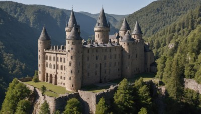 outdoors,sky,day,cloud,tree,blue sky,no humans,building,nature,scenery,forest,mountain,fantasy,castle,tower,landscape,cliff,river