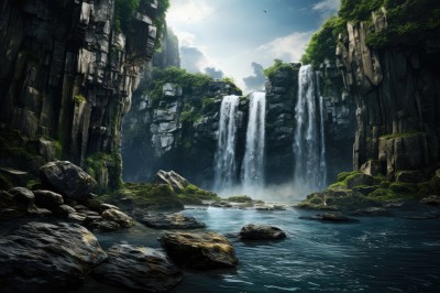 PREMIUM,outdoors,sky,day,cloud,water,tree,blue sky,no humans,bird,sunlight,cloudy sky,nature,scenery,rock,mountain,ruins,river,waterfall,landscape,cliff,moss