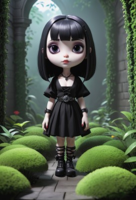 1girl,solo,long hair,breasts,looking at viewer,bangs,black hair,dress,jewelry,closed mouth,standing,full body,short sleeves,hairband,small breasts,boots,outdoors,day,shiny,belt,artist name,blunt bangs,medium hair,necklace,chibi,nail polish,black footwear,blurry,black eyes,black dress,shiny hair,bracelet,fingernails,makeup,depth of field,blurry background,black hairband,plant,lipstick,child,red nails,spikes,eyeshadow,cross-laced footwear,arms at sides,red lips,female child,spiked bracelet,pillar,gothic,arch,garden,short hair,cleavage,medium breasts,lips,eyelashes,fruit,watermark,pale skin,web address,eyeliner,vines,mascara,moss