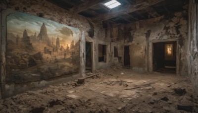 outdoors,sky,cloud,indoors,no humans,window,building,scenery,city,door,ruins,pillar,crack,rubble,broken window,cloudy sky,fantasy,cityscape