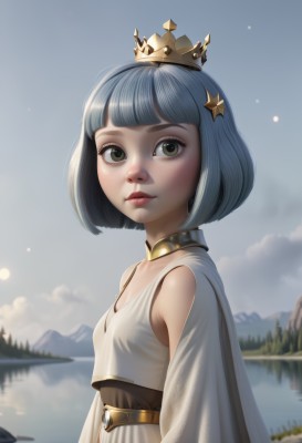 1girl,solo,breasts,looking at viewer,short hair,bangs,hair ornament,dress,bare shoulders,brown eyes,closed mouth,green eyes,blue hair,upper body,grey hair,small breasts,outdoors,sky,choker,day,belt,artist name,cloud,blunt bangs,water,cape,white dress,blurry,from side,blue sky,lips,blurry background,bob cut,crown,freckles,reflection,mountain,nose,lake,star (symbol),eyelashes,scenery,star hair ornament,realistic