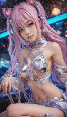 1girl,solo,long hair,breasts,looking at viewer,bangs,blue eyes,skirt,hair ornament,navel,cleavage,bare shoulders,twintails,jewelry,medium breasts,sitting,pink hair,earrings,detached sleeves,shorts,midriff,blurry,lips,see-through,short shorts,realistic,swimsuit,bikini,nail polish,watermark,revealing clothes