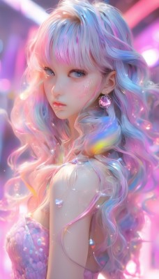 1girl,solo,long hair,breasts,looking at viewer,bangs,blue eyes,dress,bare shoulders,jewelry,medium breasts,closed mouth,blue hair,upper body,pink hair,multicolored hair,earrings,artist name,blurry,from side,lips,looking to the side,eyelashes,sparkle,strapless,gradient hair,makeup,depth of field,blurry background,wavy hair,gem,freckles,glint,nose,heart,sleeveless,blunt bangs,star (symbol),watermark,facial mark,expressionless,polka dot,strapless dress,web address,light particles,eyeshadow,pink lips,bokeh,colorful,mascara