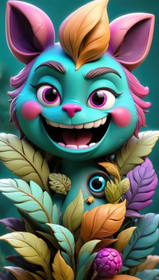 solo,looking at viewer,smile,open mouth,animal ears,purple eyes,pink hair,flower,:d,teeth,artist name,pink eyes,blurry,no humans,leaf,blush stickers,happy,plant,portrait,furry,green background,creature,buck teeth,1girl,upper body,mouse ears,furry female