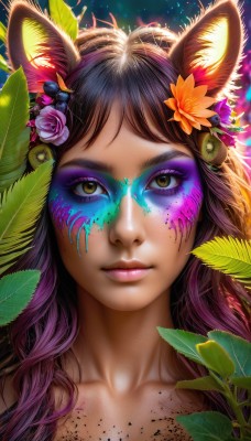 1girl,solo,long hair,looking at viewer,bangs,brown hair,hair ornament,animal ears,brown eyes,closed mouth,collarbone,yellow eyes,upper body,purple hair,flower,multicolored hair,artist name,hair flower,lips,animal ear fluff,fox ears,eyelashes,bell,gradient hair,makeup,leaf,watermark,facial mark,plant,lipstick,portrait,web address,pink flower,eyeshadow,freckles,pink lips,realistic,nose,purple flower,eyeliner,whisker markings,facepaint,mascara,paint splatter,black hair