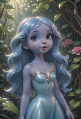 1girl,solo,long hair,breasts,looking at viewer,open mouth,blue eyes,dress,bare shoulders,blue hair,collarbone,flower,small breasts,outdoors,parted lips,teeth,sleeveless,artist name,tree,lips,see-through,sleeveless dress,blue dress,colored skin,leaf,sunlight,plant,child,nature,forest,blue skin,female child,bangs,standing,day,shiny,bare arms,eyelashes,watermark,wavy hair,pink flower,freckles,shiny clothes,light rays,nose,arms at sides