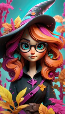 1girl,solo,long hair,looking at viewer,smile,bangs,blue eyes,hair ornament,hat,jewelry,closed mouth,green eyes,upper body,pink hair,flower,red hair,multicolored hair,earrings,outdoors,glasses,day,belt,artist name,signature,bag,orange hair,mole,blurry,two-tone hair,aqua eyes,tree,lips,streaked hair,eyelashes,black headwear,makeup,witch hat,depth of field,swept bangs,leaf,watermark,blue background,thick eyebrows,plant,lipstick,gem,mole under mouth,web address,buckle,eyeshadow,freckles,black-framed eyewear,curly hair,pouch,belt buckle,shoulder bag,nose,witch,strap,mascara,deviantart username