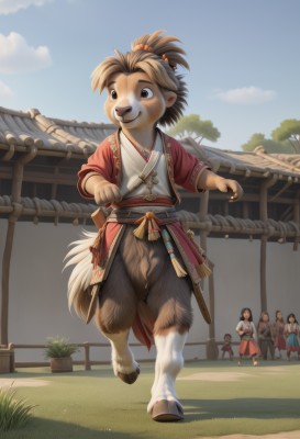 1girl,smile,multiple girls,brown hair,hair ornament,animal ears,brown eyes,closed mouth,standing,tail,full body,ponytail,weapon,male focus,outdoors,japanese clothes,multiple boys,sky,solo focus,day,sword,black eyes,tree,blue sky,sash,grass,sheath,child,rope,furry,walking,sheathed,furry female,furry male,male child,body fur,east asian architecture,topknot,short hair,skirt,1boy,holding,cloud,looking to the side,shadow,plant,faceless,running,fence,potted plant,architecture,multiple others,brown fur,taur,people