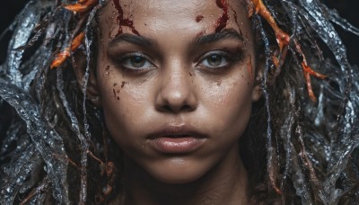 1girl,solo,long hair,looking at viewer,simple background,brown hair,black hair,brown eyes,closed mouth,parted lips,dark skin,water,dark-skinned female,lips,blood,black background,portrait,close-up,forehead,freckles,blood on face,realistic,nose,hair ornament