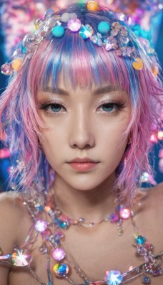 1girl,solo,looking at viewer,short hair,bangs,blue eyes,hair ornament,bare shoulders,jewelry,closed mouth,blue hair,upper body,pink hair,multicolored hair,artist name,necklace,blurry,lips,eyelashes,makeup,depth of field,blurry background,watermark,gem,portrait,web address,close-up,realistic,nose,pearl (gemstone),breasts,collarbone,purple hair,shiny,blunt bangs,shiny hair,streaked hair,gradient hair,expressionless,light particles,freckles,pink lips,straight-on,bokeh,blue gemstone,mascara