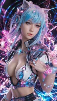 1girl,solo,long hair,breasts,looking at viewer,bangs,hair ornament,navel,animal ears,cleavage,jewelry,medium breasts,blue hair,upper body,parted lips,midriff,cat ears,nail polish,blurry,bracelet,lips,grey eyes,fake animal ears,headgear,ring,realistic,nose,animal ear headphones,cat ear headphones,blue eyes,jacket,belt,makeup,headphones,watermark,science fiction,cyberpunk