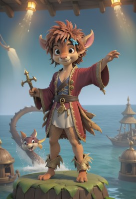 solo,looking at viewer,smile,short hair,brown hair,hair ornament,1boy,holding,animal ears,brown eyes,closed mouth,standing,tail,full body,male focus,outdoors,japanese clothes,horns,sky,barefoot,solo focus,day,wide sleeves,water,black eyes,blue sky,sash,child,furry,lantern,furry male,watercraft,male child,ship,boat,open mouth,jewelry,weapon,artist name,watermark,web address,claws,fish,fantasy,anklet,snout,brown fur,deer ears